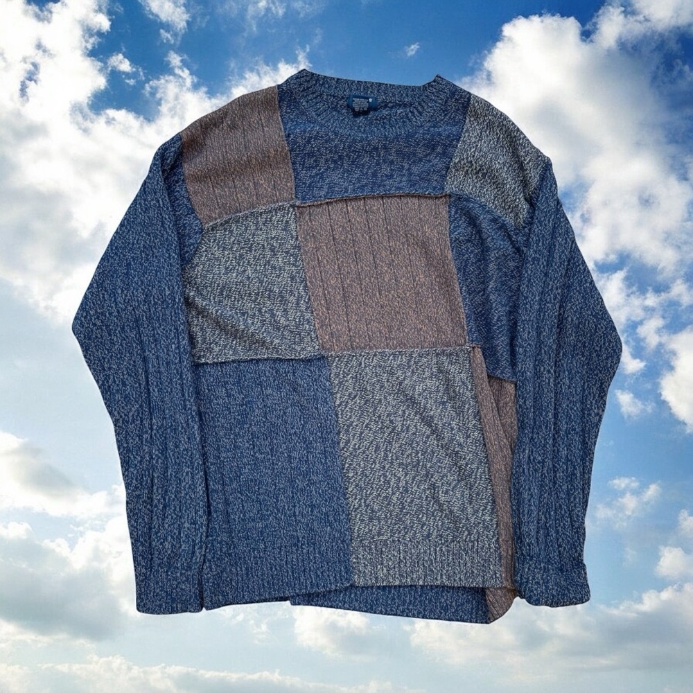 Dockers Men's Patchwork Crewneck Sweater - Blue, Gray, and Brown